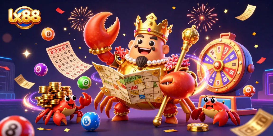 Experience lx88 gaming excitement with a majestic golden crab emperor and vibrant game elements.