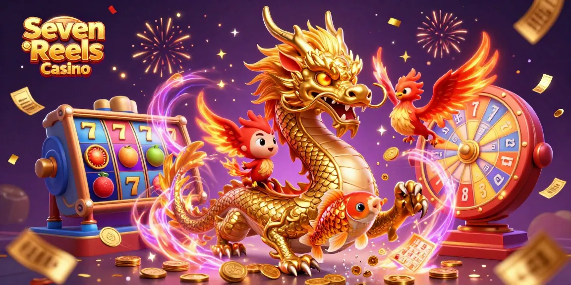 Spin big at Seven Reels Casino with a dynamic scene featuring a golden dragon and fireworks!