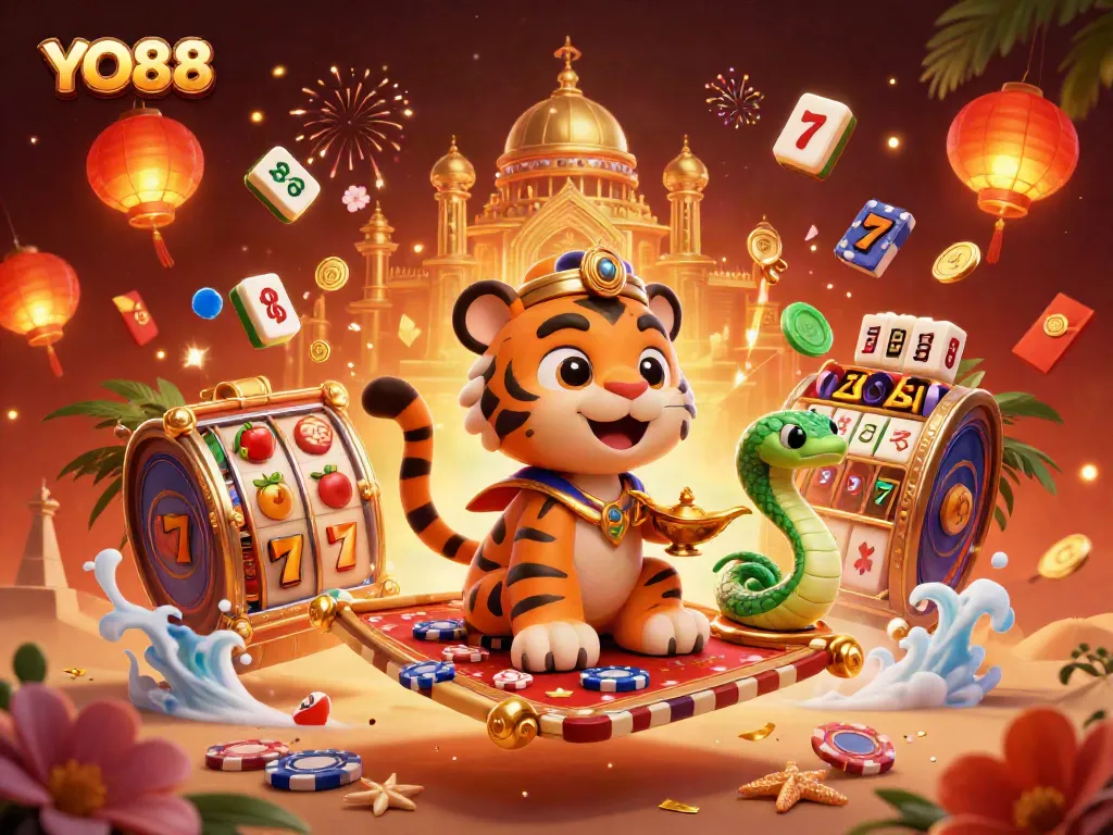 Experience gaming excitement at YO88 with a vibrant 3D illustration featuring a flying sultan and slot elements.