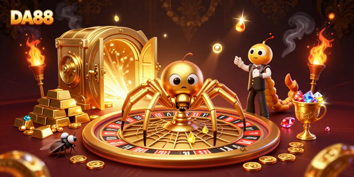 DA88 features a spider and croupier in a casino scene, placing bets in a rich gambling atmosphere.