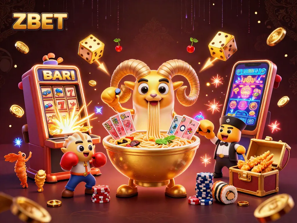 ZBET highlights thrilling casino action with a dynamic ramen bowl character showcasing card dealing and chip stacking.
