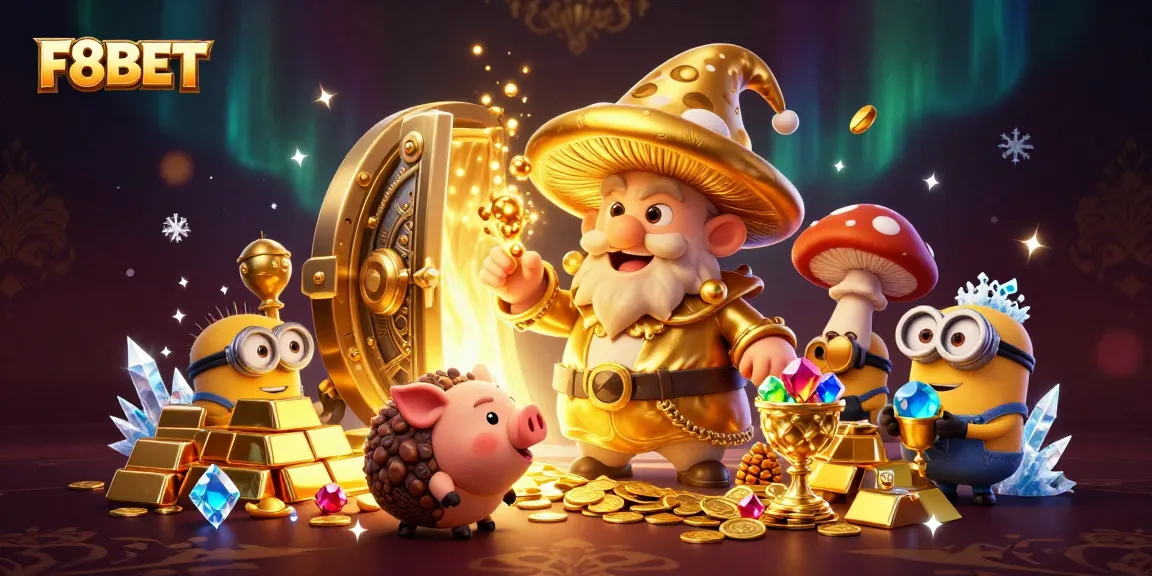 Play thrilling games at F8BET, featuring colorful gems, gold, and magical characters.