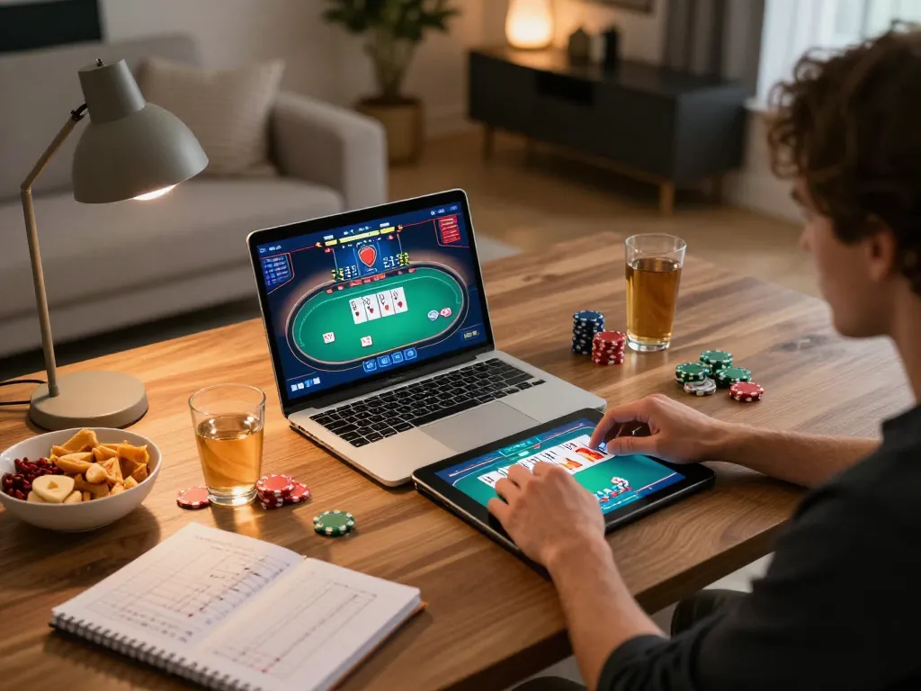 Player enjoying poker on lu88 platform, engrossed in online gaming with strategy notes