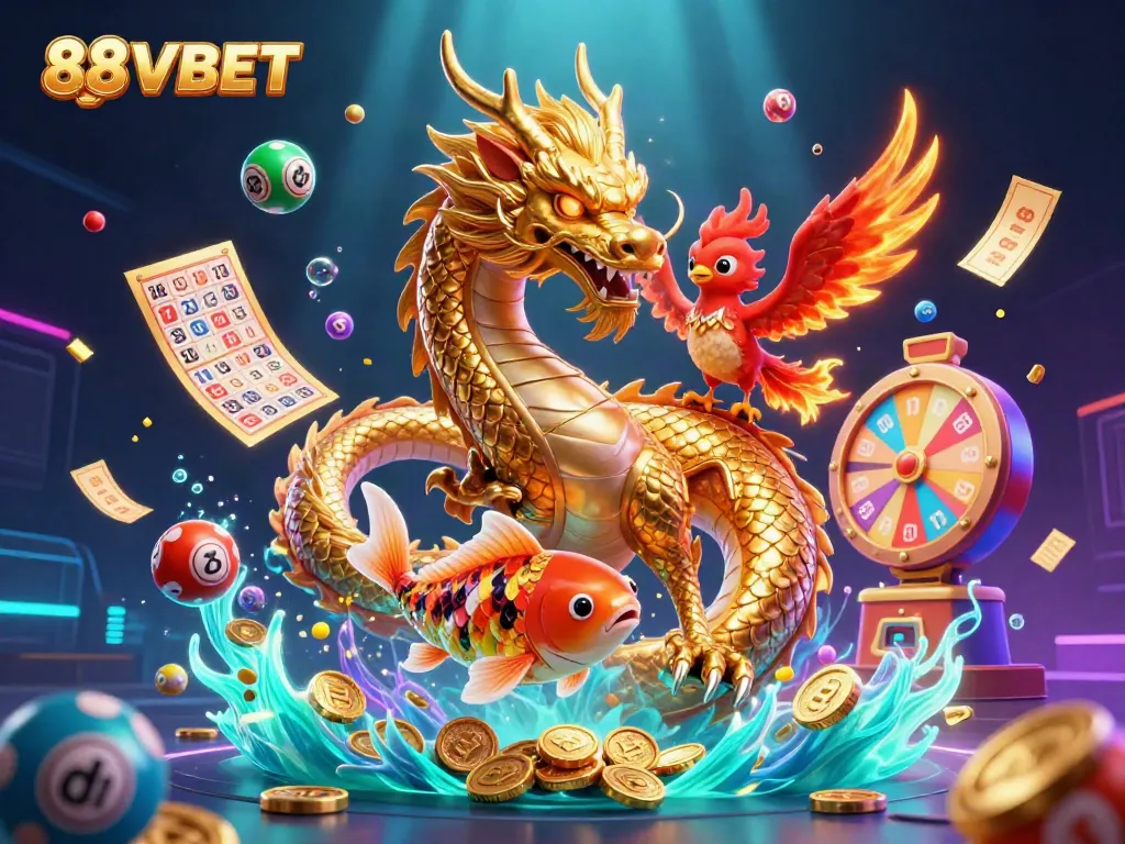 Experience the excitement of winning with 88VBET through a dynamic illustration of casino characters.