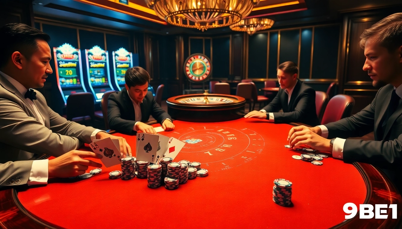 Players enjoying a high-stakes game at the 9BET casino table, showcasing excitement and strategy.
