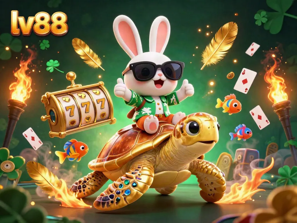 Experience the excitement of winning at lv88 with a lucky rabbit and a golden sea turtle in a vibrant casino scene.