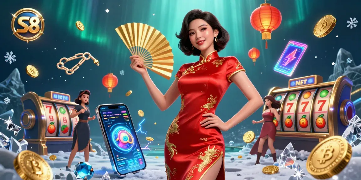 S8 features a stunning Asian woman in a bold dress amidst slot games and crypto elements.