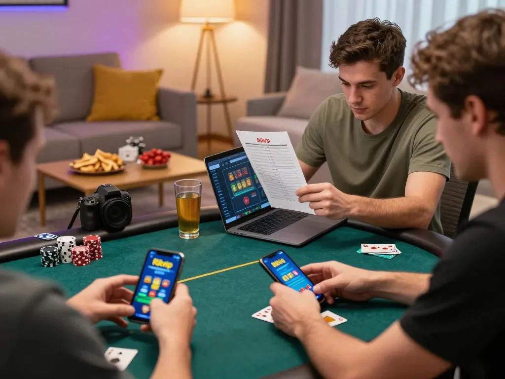 Players strategizing on Rikvip gaming app at home, showcasing a lively poker game atmosphere.