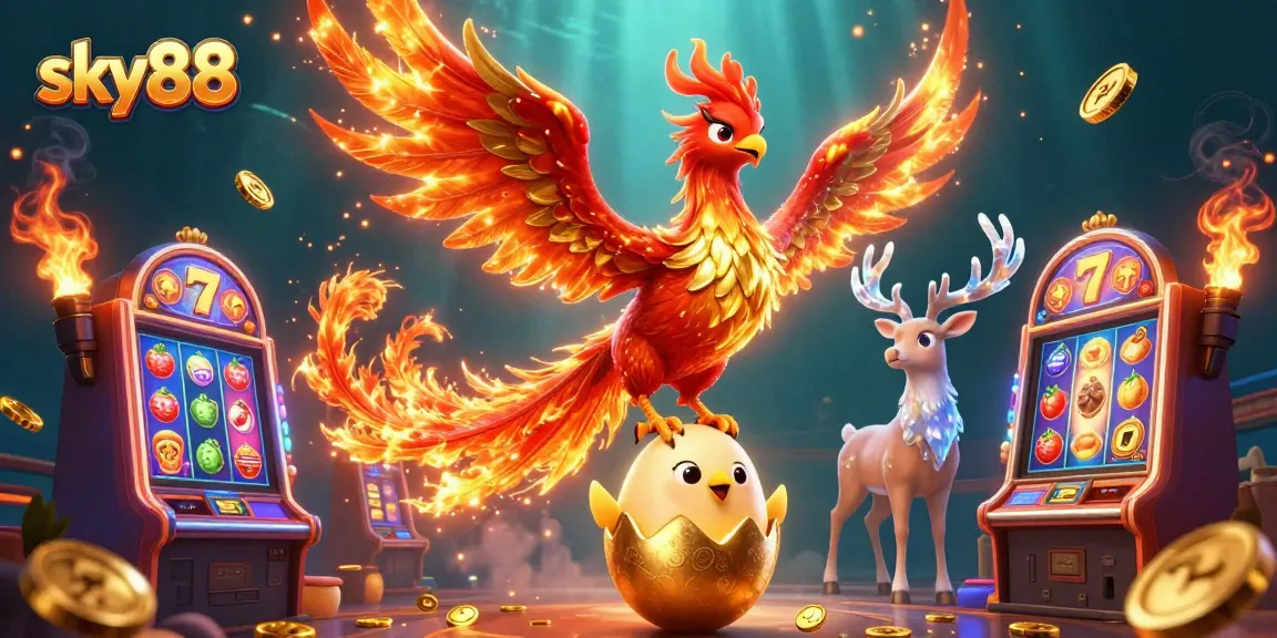 Experience the thrill at sky88 with a vibrant casino scene featuring a fire phoenix, baby phoenix, and mystical stag.