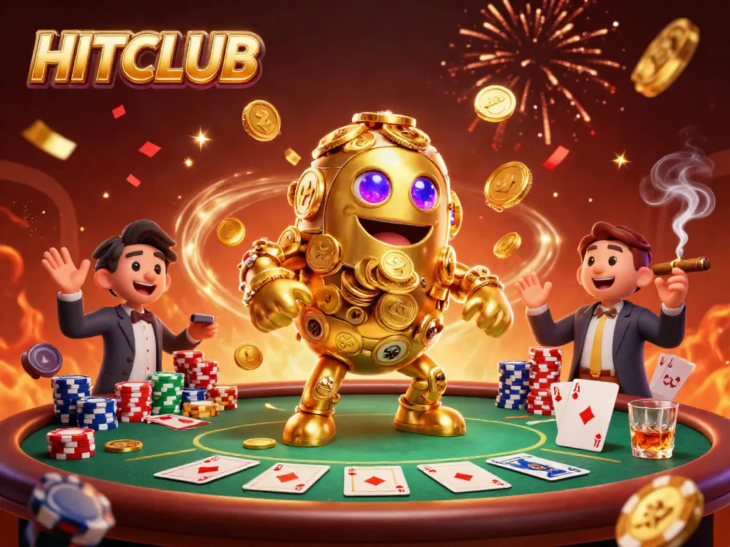 Engage with HITCLUB's thrilling casino action featuring a dynamic golden golem amid poker excitement.