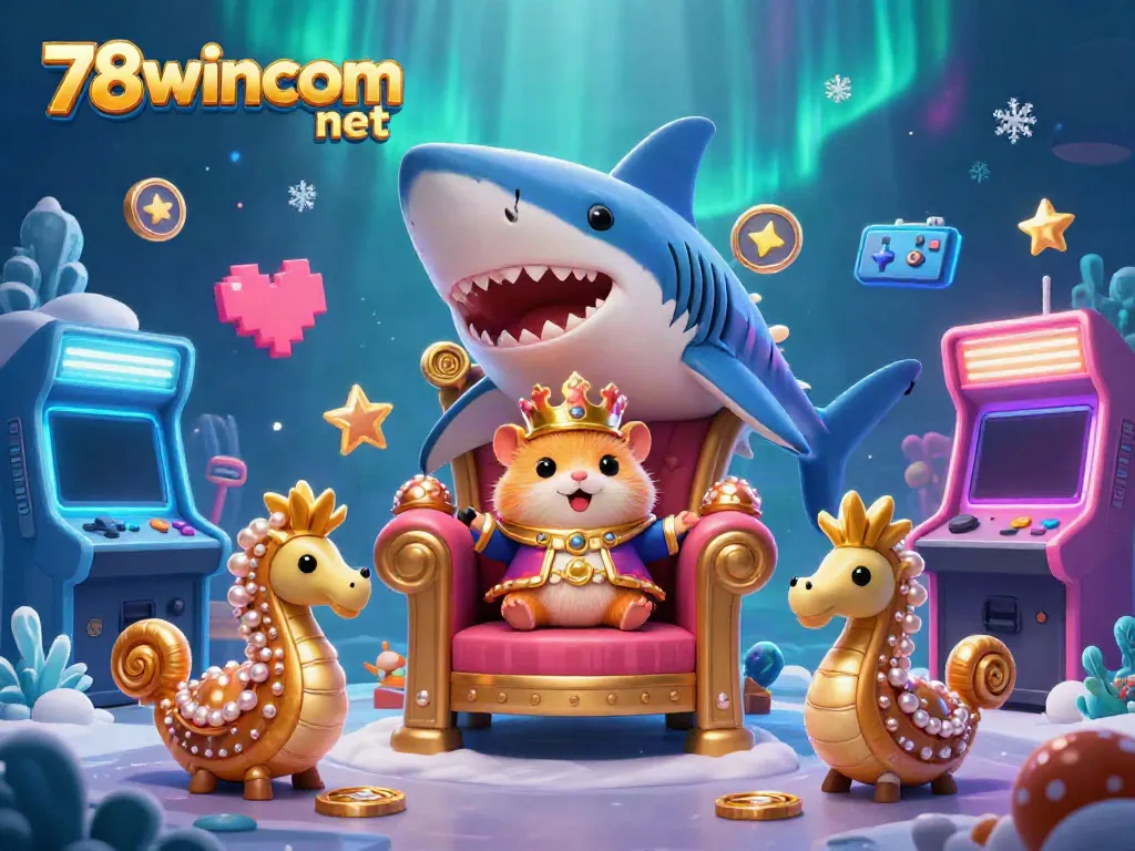Engage with the vibrant gaming atmosphere of 78wincom net featuring a golden hamster king among colorful casino elements.