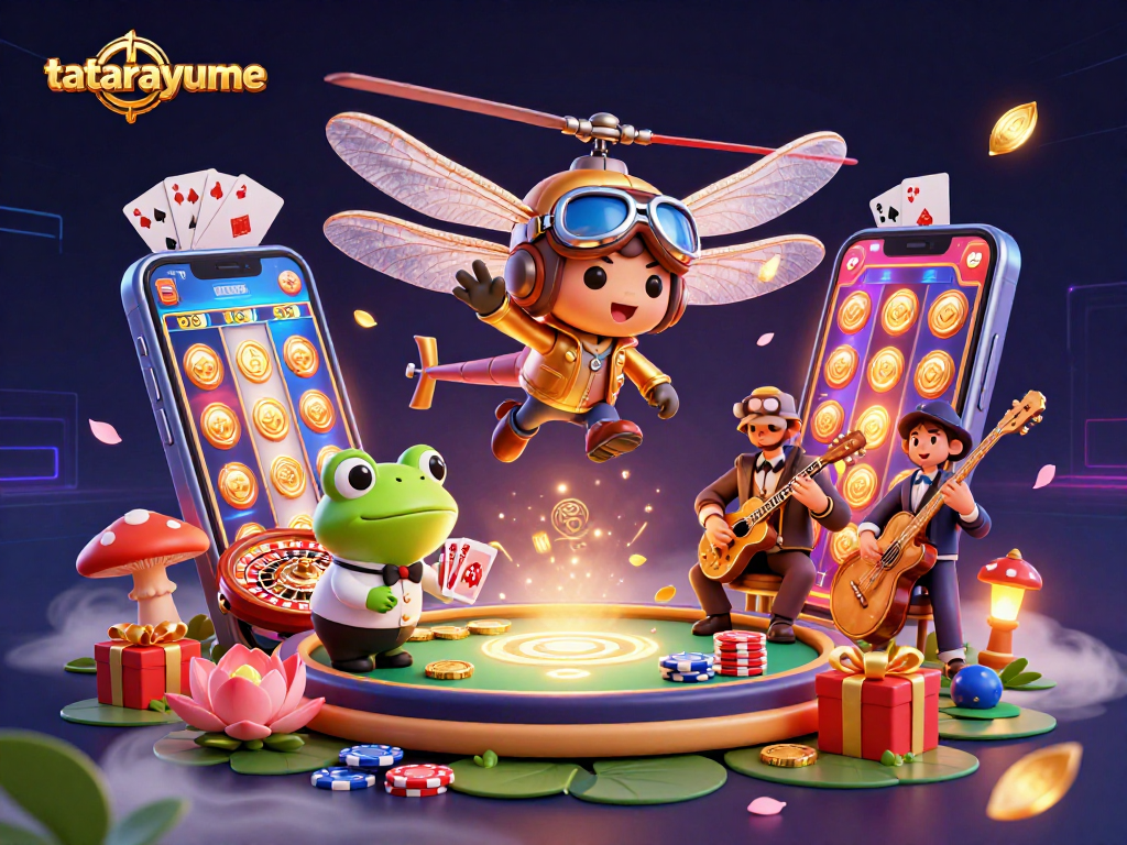 tatarayume showcases a vibrant casino scene with a dragonfly pilot and frog dealer amidst animated games.