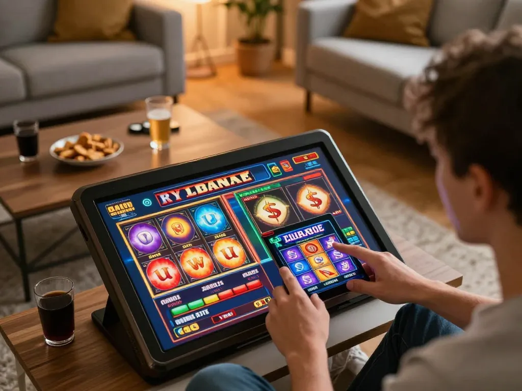 Player spins colorful reels on 78win mobile casino app in a cozy home setting