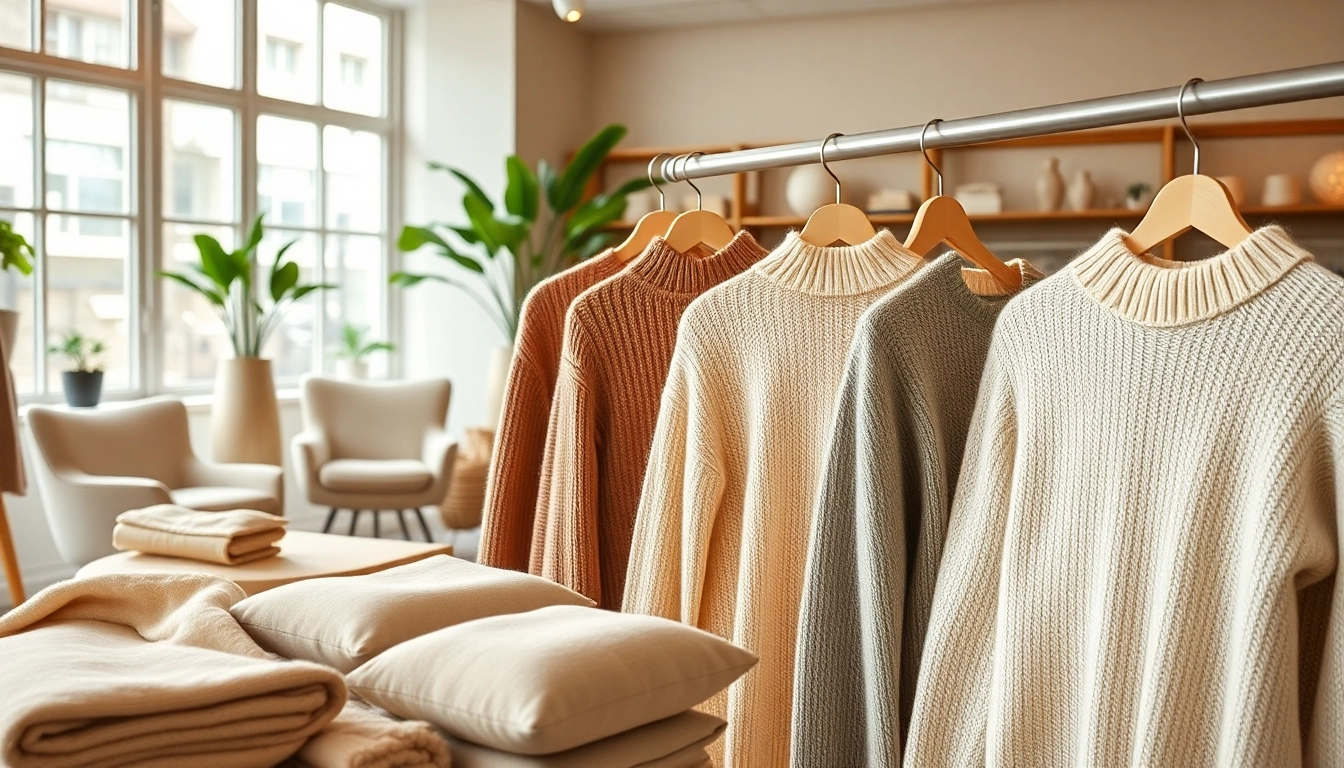 Showcasing high quality clothing manufacturer knitwear sweaters in an elegant boutique style.