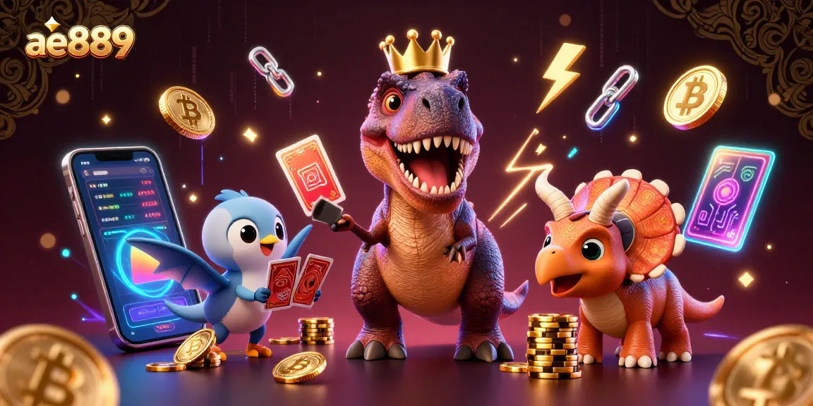 Experience thrilling gaming at ae889 with T-Rex shuffling cards, a pterodactyl assistant, and vibrant crypto elements.