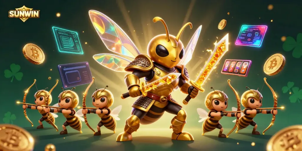 SUNWIN shines with a dynamic gaming scene featuring golden hornet samurai, NFTs, and vibrant slot elements.