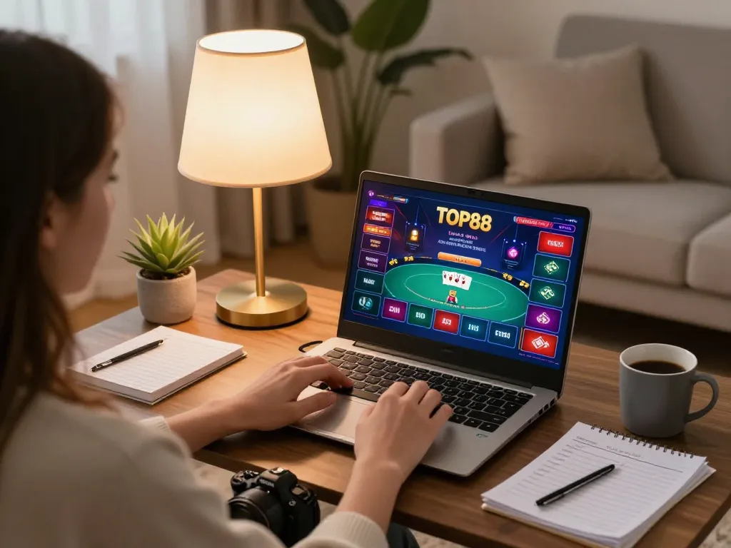 Engaging in a focused session of TOP88 online poker gaming with warm lighting and cozy atmosphere.