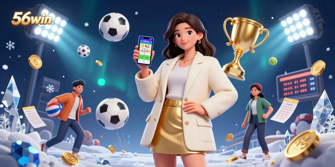 Bet on sports with 56win; Asian woman showcasing a betting app in a vibrant casino scene.