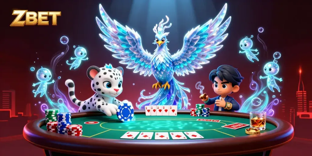 ZBET delights players with a captivating scene featuring an ice phoenix and poker action.