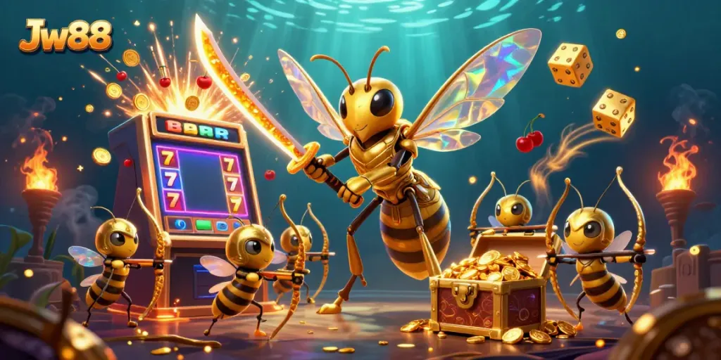 Engage in vibrant gameplay with Jw88 as a golden hornet samurai and bee archers explode with slot machine excitement.