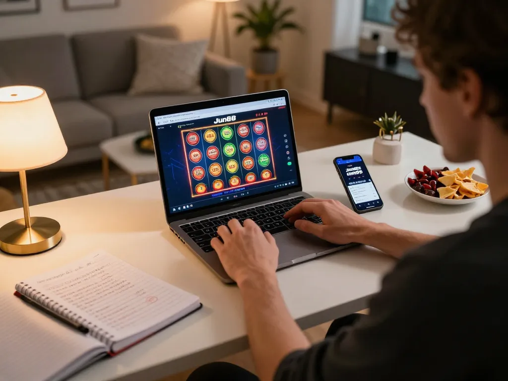 Player engaging in online casino gaming at home with Jun88 app open on smartphone and laptop showing vibrant slots.