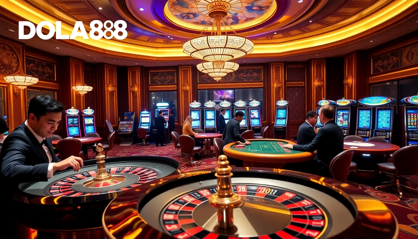 Players enjoying thrilling games at DOLA88 casino, highlighting excitement and luxury.