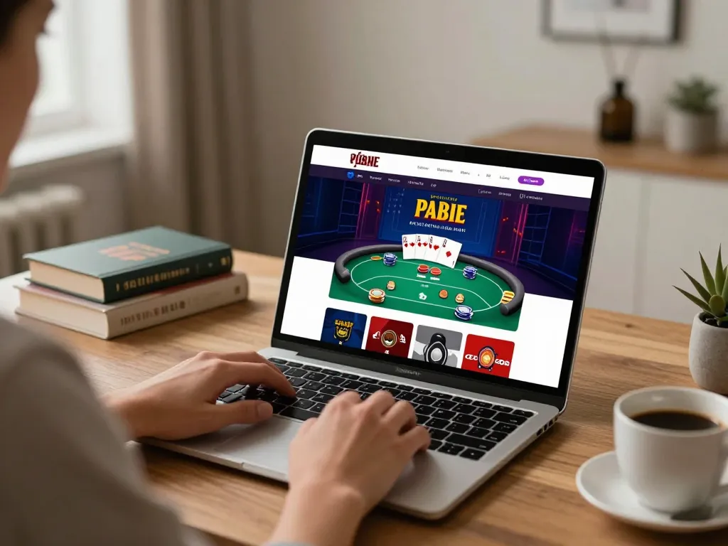 Engaging scene of a player at hi88 online casino utilizing a laptop for poker strategy sessions