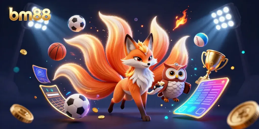 Experience thrilling gameplay at bm88 with vibrant visuals featuring a nine-tailed fox spirit and sports elements.