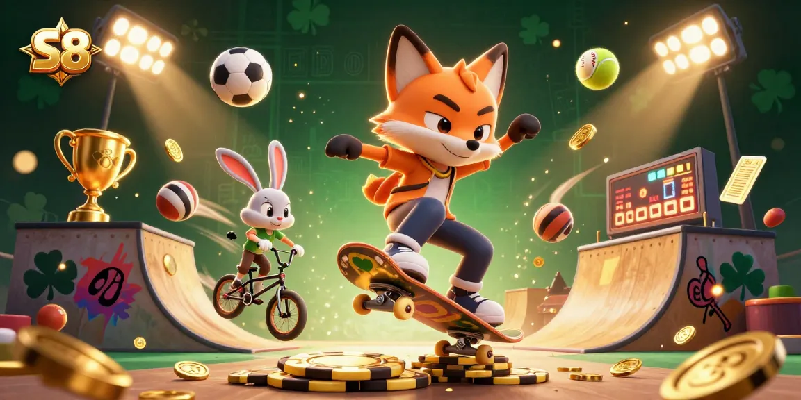 S8 casino experience illustrated with vibrant characters and dynamic elements in a packed gaming scene.