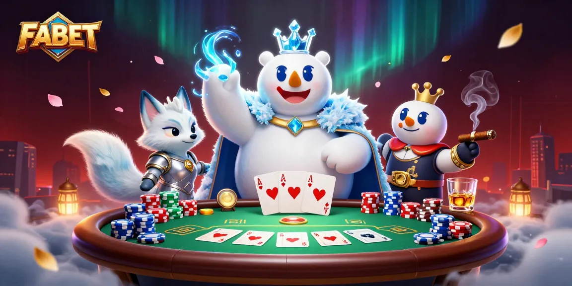 Engage in the thrilling world of FABET with a dynamic illustration of an ice king polar bear and snow fox in a vibrant casino scene.