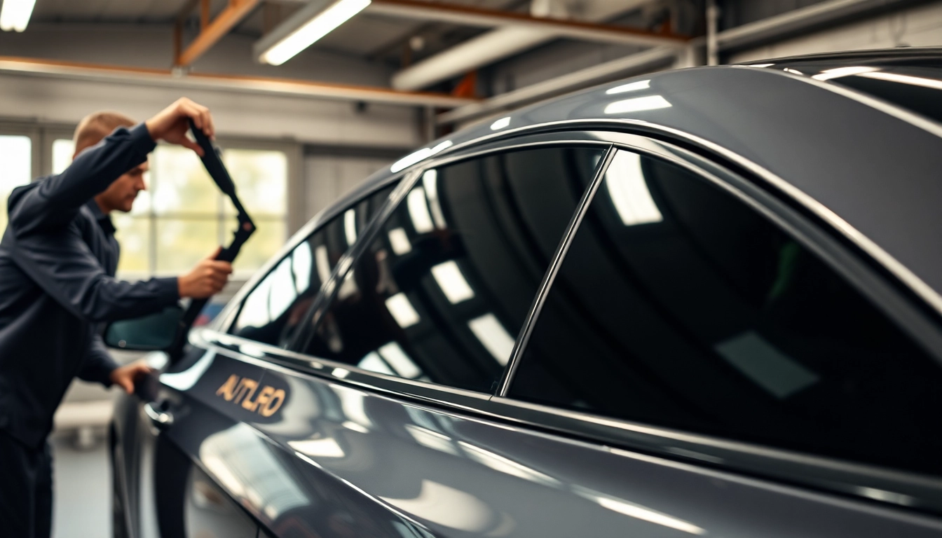Get expert auto window tint near me with professionals applying high-quality tint to a car.