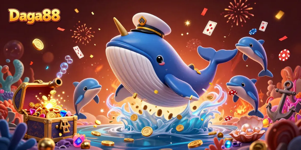 Daga88 features a vibrant underwater scene with a whale, dolphins, and treasure, highlighting dynamic gambling elements.