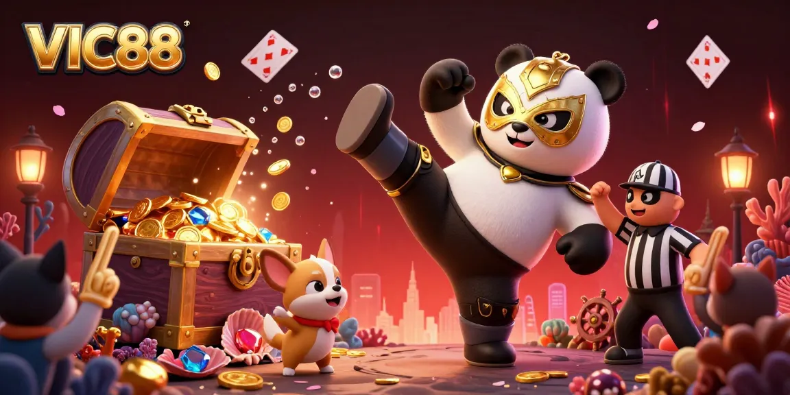 Experience thrilling moments with VIC88 as a panda wrestler flies over cheering fans in a vivid casino world.