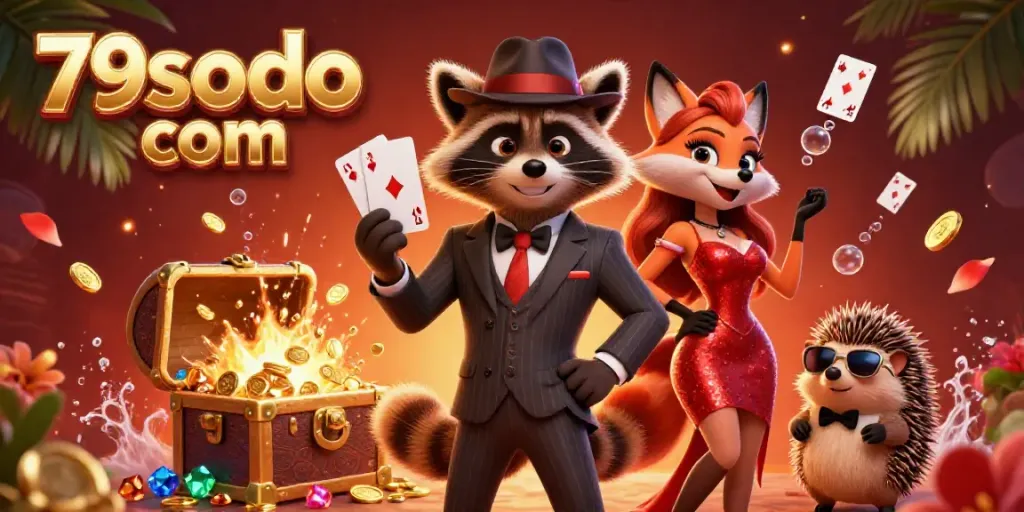 Experience the excitement at 79sodo com with a charming raccoon and friends enjoying a vibrant casino scene.