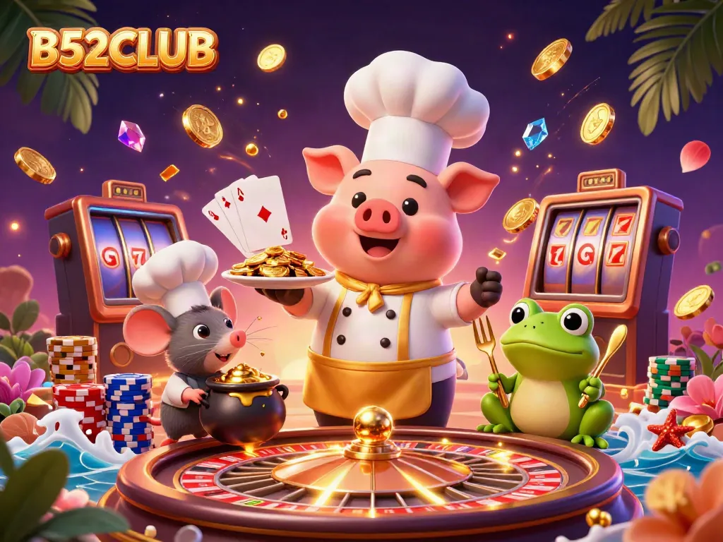 B52CLUB's vibrant 3D casino scene with playful characters celebrating winnings amidst cascading gold coins.