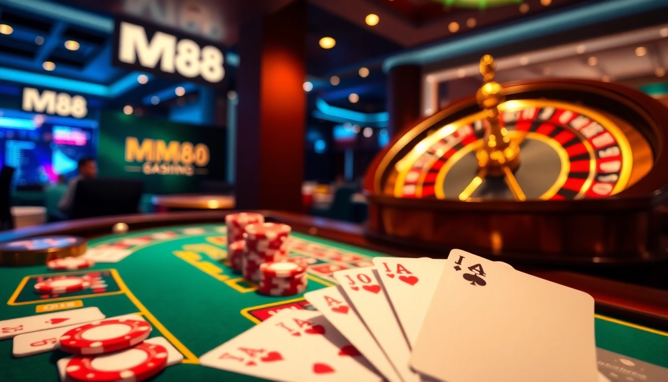 MM88 showcases vibrant online gambling with luxurious casino tables and winning poker hands.