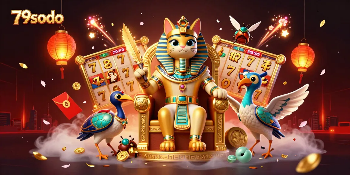 79sodo winning slots jackpot scene with an Egyptian pharaoh cat, vibrant game elements, and glowing lanterns