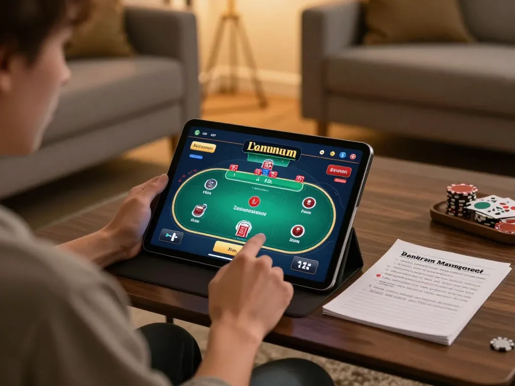 Engaging in LU88 online poker gameplay with bankroll management notes in a cozy setting.