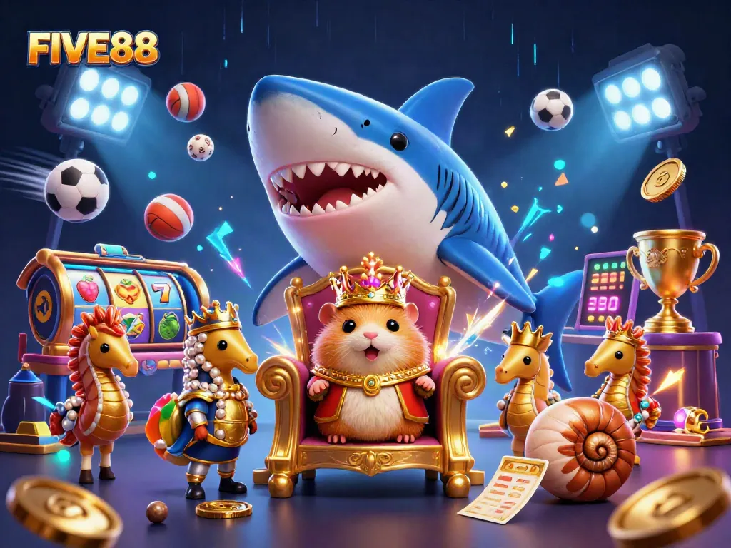 Experience FIVE88 with vibrant casino scene featuring a golden hamster king and dynamic betting elements.