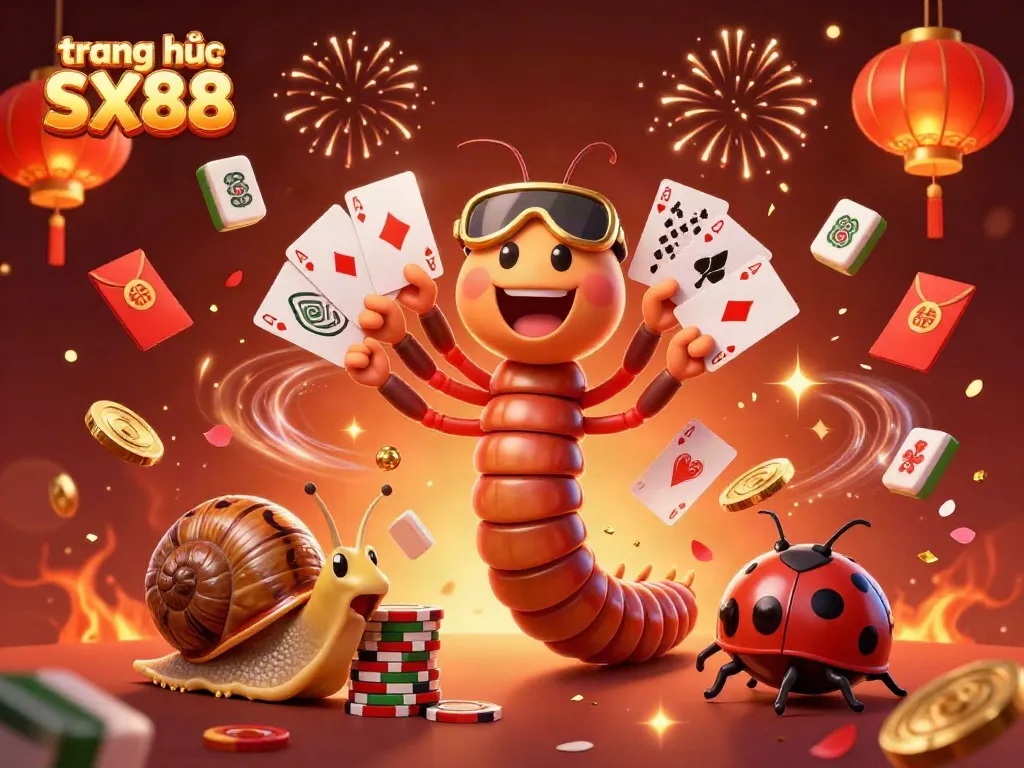 Engage with the excitement of trang chủ SX88 through a vivid 3D casino scene filled with colorful characters and festive decoration.