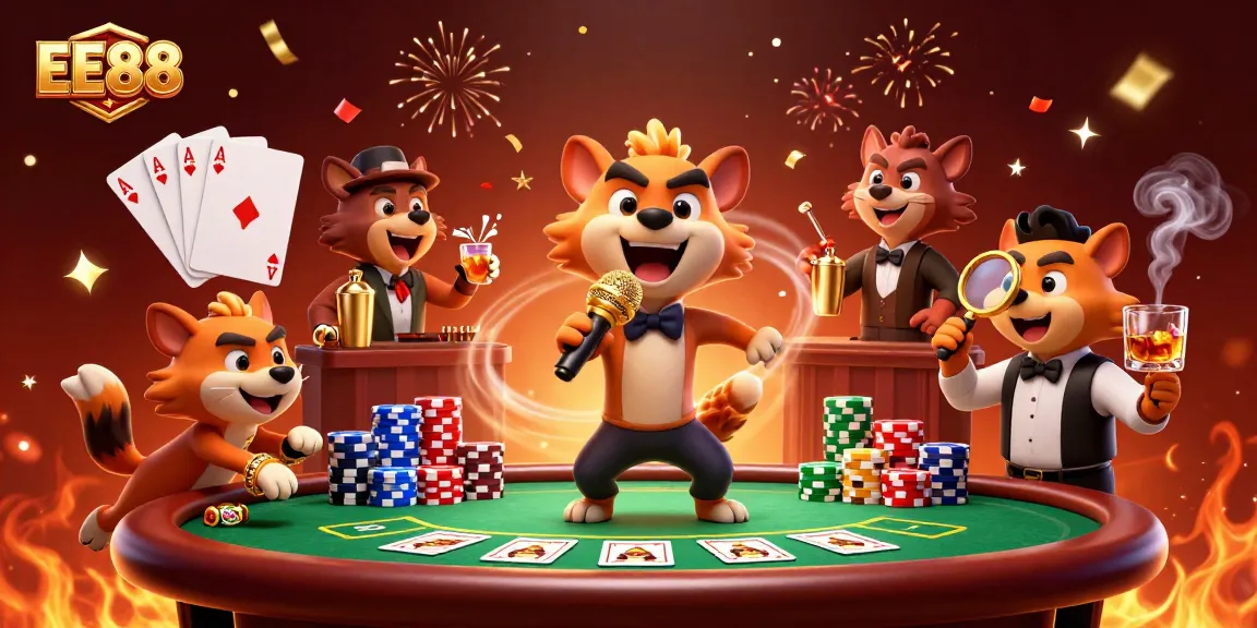 EE88 hyenas hosting a vibrant comedy casino night, filled with poker chips and confetti