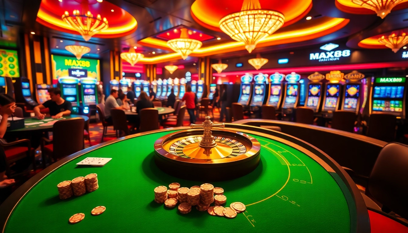 Experience the thrill of MAX88 with vibrant casino action, including roulette and blackjack tables.