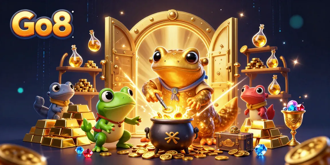 Go8 features a dynamic 3D illustration of a golden salamander alchemist amidst rich casino treasures.
