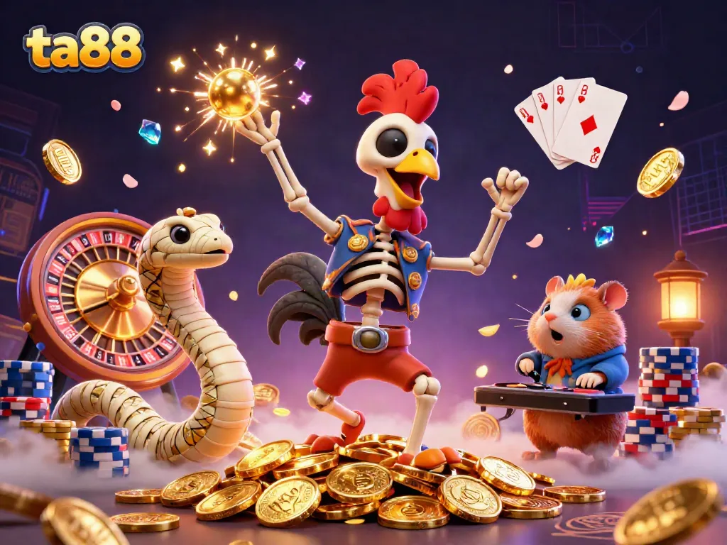 Experience the thrilling atmosphere of ta88 with a dynamic 3D illustration of casino characters celebrating winnings among cascading gold coins.
