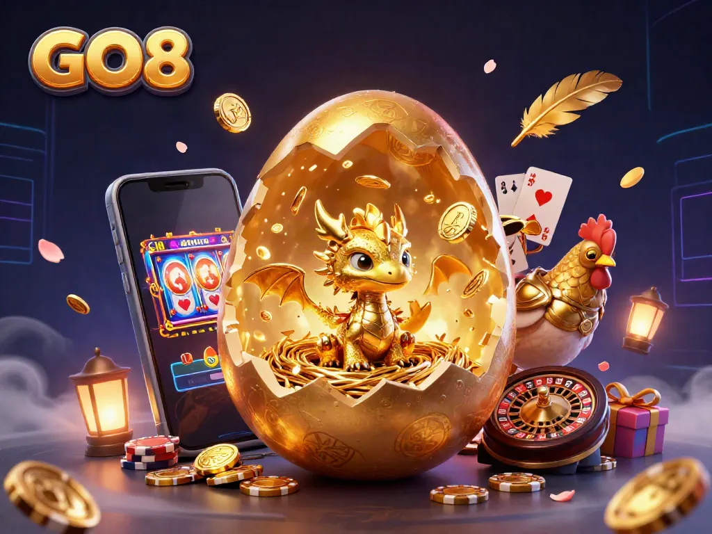 Engage with GO8 by exploring exciting games like slots, poker, and a live casino atmosphere illustrated in a vibrant scene.