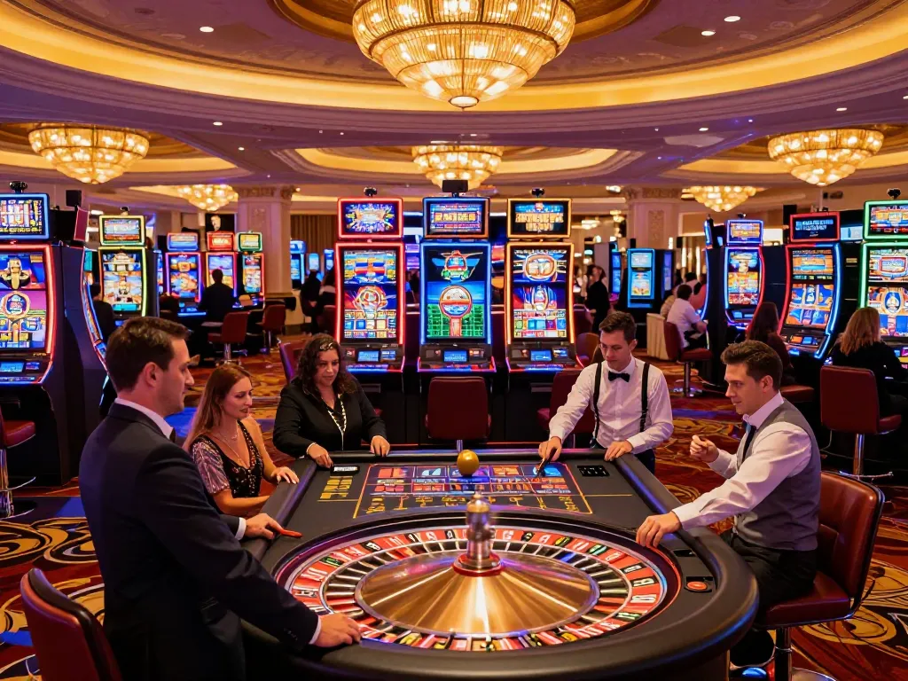Players engaging with TR88 slots and roulette at a vibrant Vegas casino.
