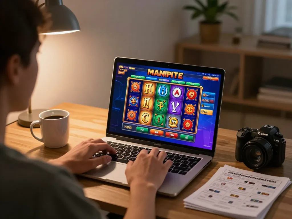 Engaging in the best online pokies while enjoying a cozy home gaming setup with a laptop.