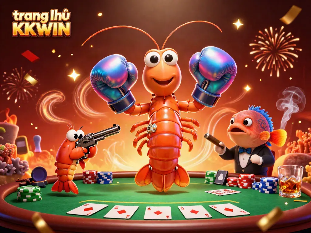 Engage with exciting poker action at trang chủ KKWIN, featuring a vibrant casino scene with cartoon characters.