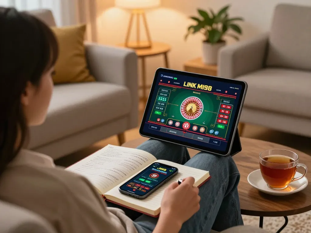 Engaging with LINK MI88 online casino app on a tablet during a cozy home gaming session.
