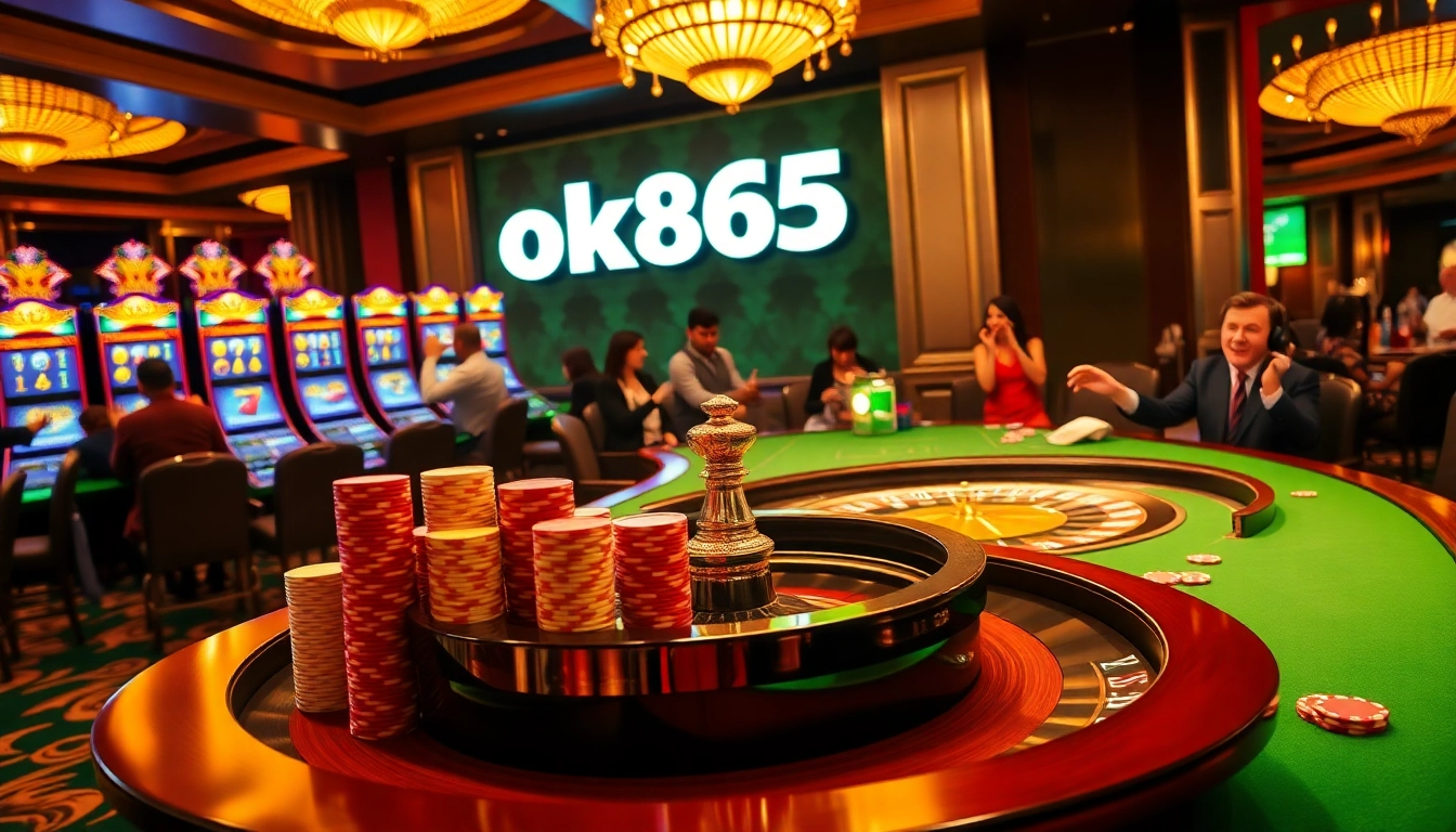 Experience an exciting casino ambiance at ok365 with vibrant gaming tables and slot machines.